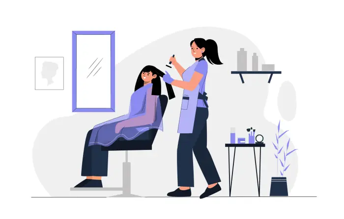 The Woman Is Seated in a Beauty Parlor While a Girl Is Dying Hair 2D Character Illustration image